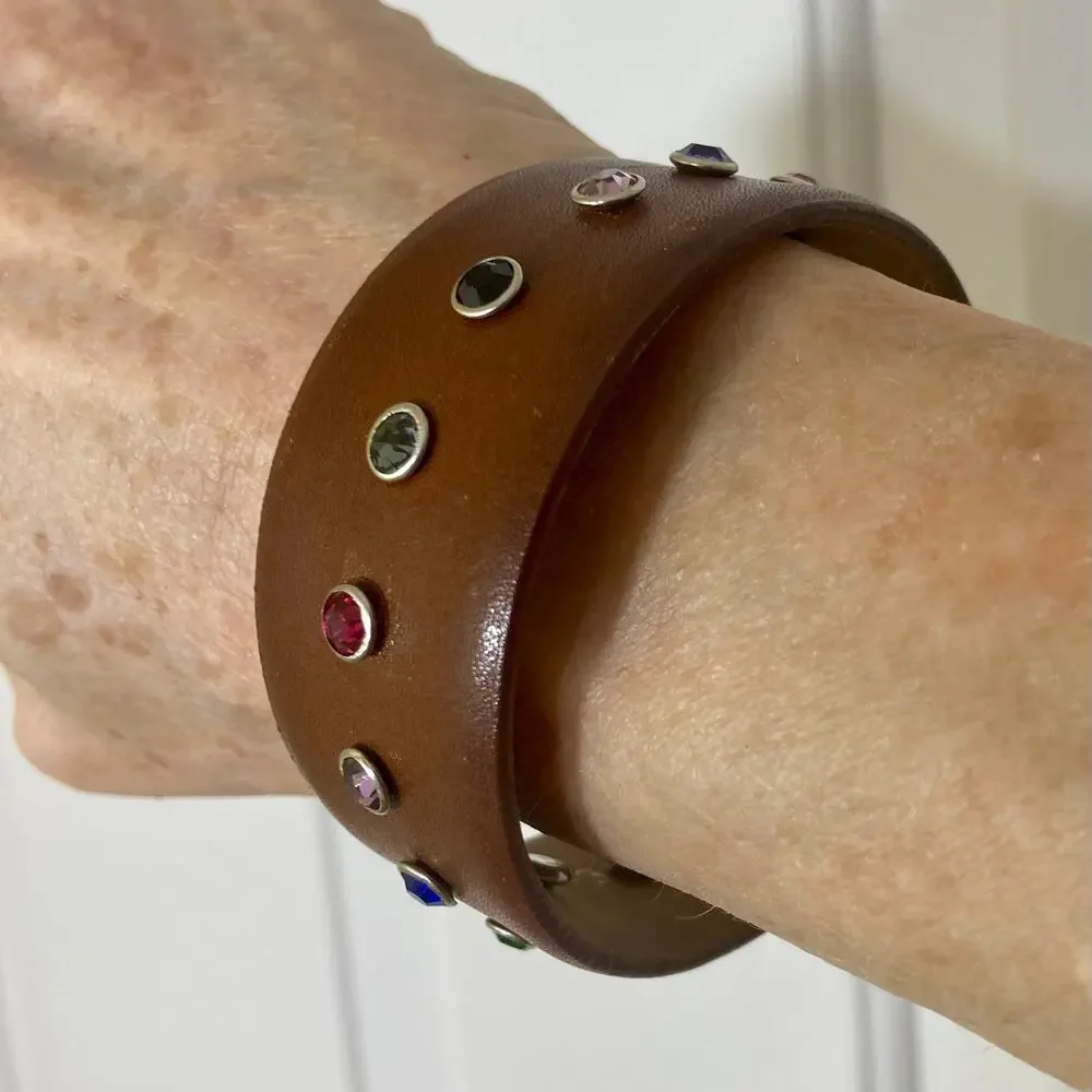 Upcycled crystal leather cuff bracelet, glove tanned leather fashion jewelry